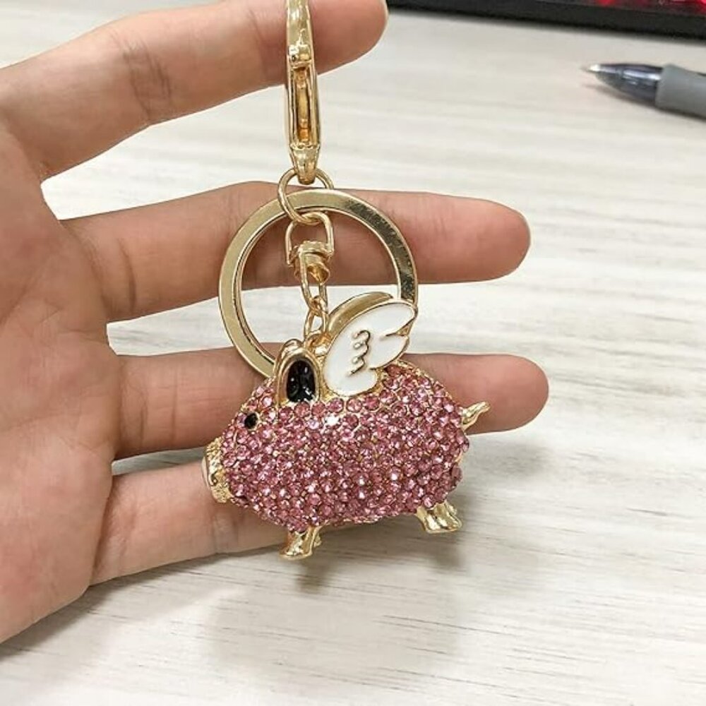 Flying Pig‎ Keychain Pink Rhinestone Bling with Gold - Picture 3 of 4